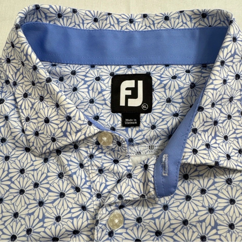 Footjoy Golf Polo Men’s XL Lisle Self Collar Daisy All Over Print Blue White AOP